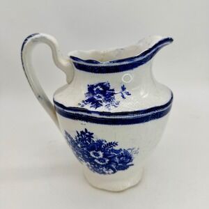 Antique Franz Anton Mehlem Bonn Monaco Blue White Floral‎ Pitcher Germany 1800s